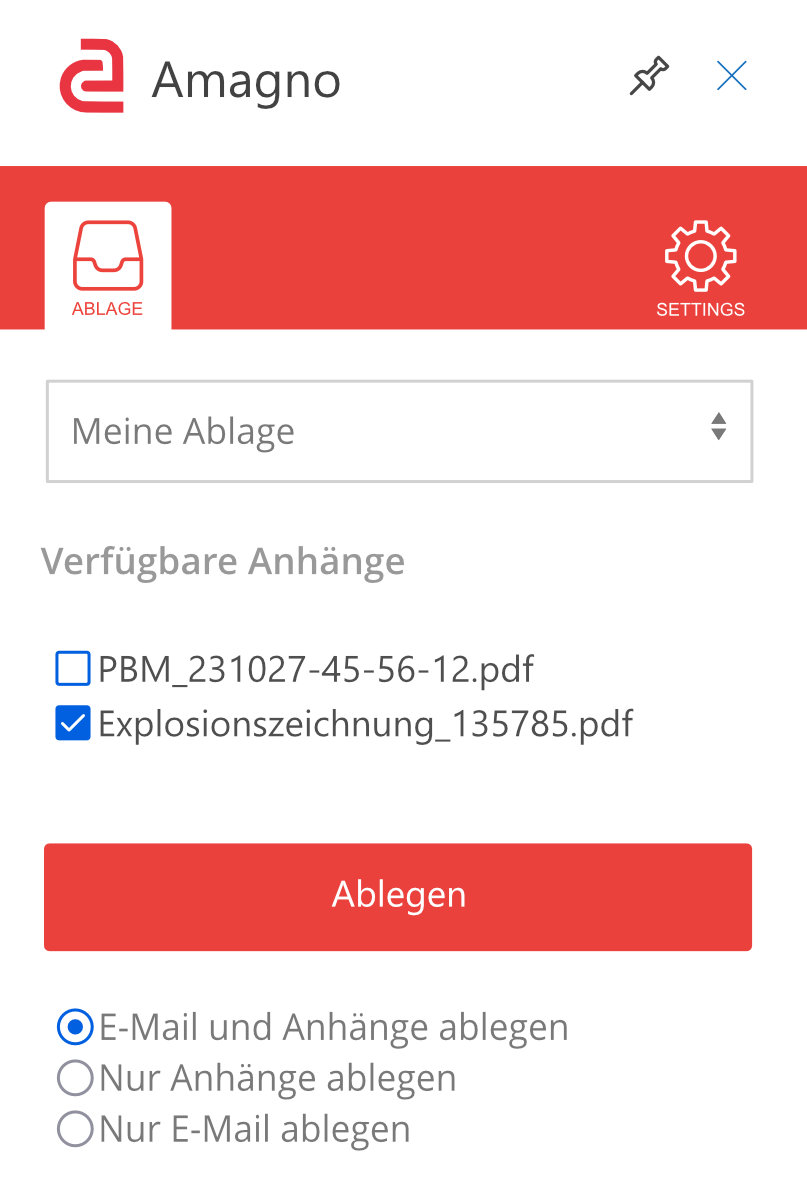 Outlook - Dateien in Amagno ablegen