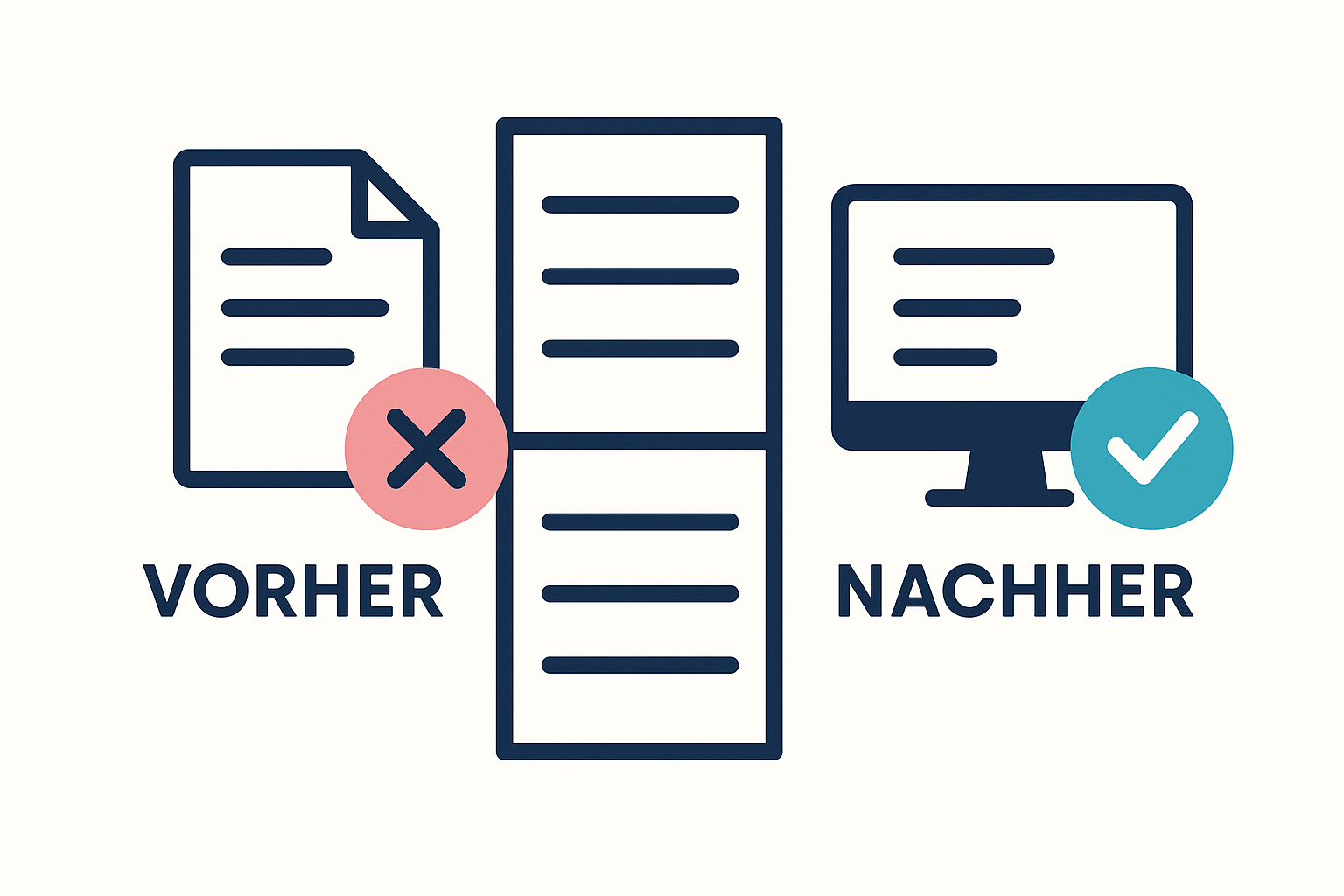 Tabellarische Vorher-nachher-Gegenüberstellung eines manuellen Papierprozesses und eines digitalen Workflows mit Statusanzeigen