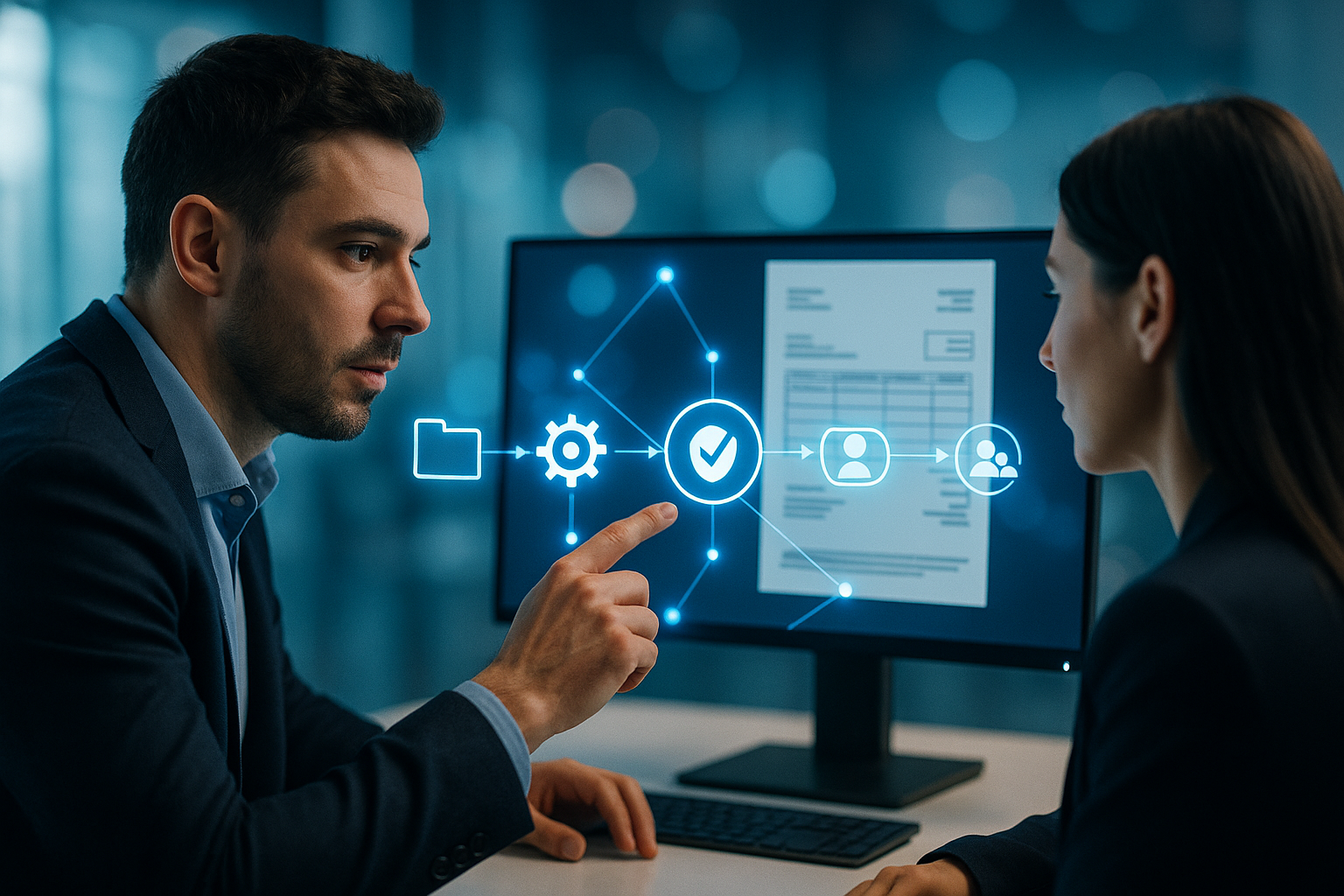 Zwei Personen besprechen an einem Monitor einen digitalen Rechnungsfreigabe-Prozess