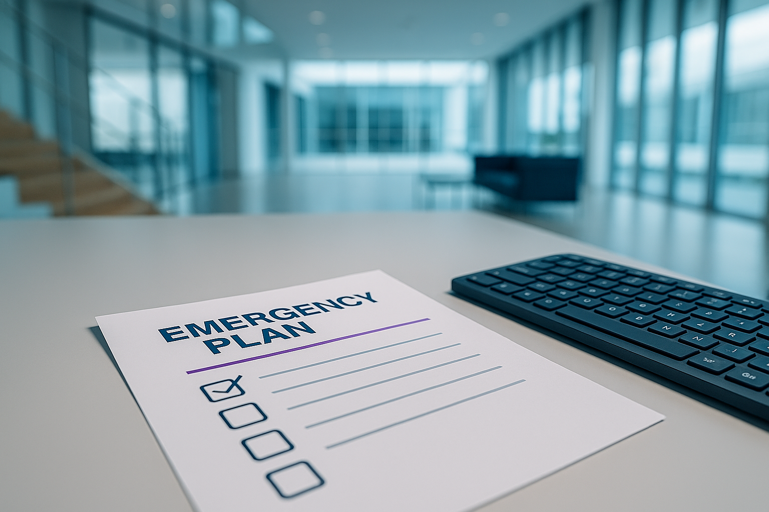 Ausgedruckter Notfallplan mit Checkliste liegt neben Tastatur auf einem Bürotisch