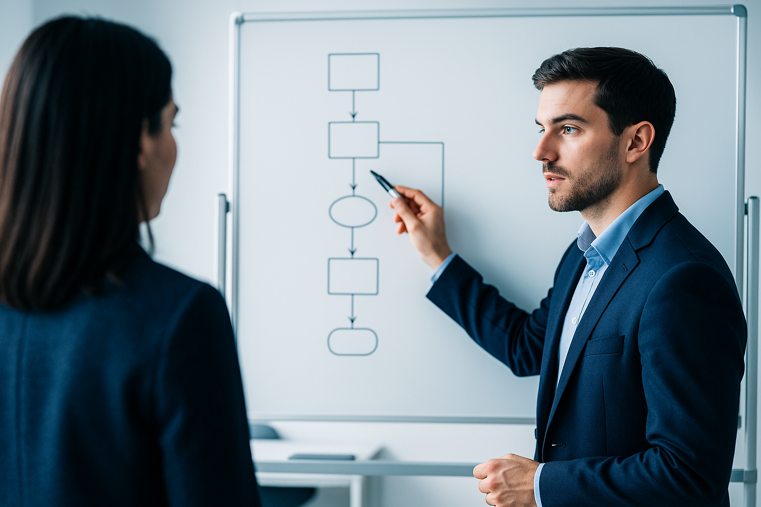 Team plant an einem Whiteboard die einzelnen Schritte eines Arbeitsablaufs