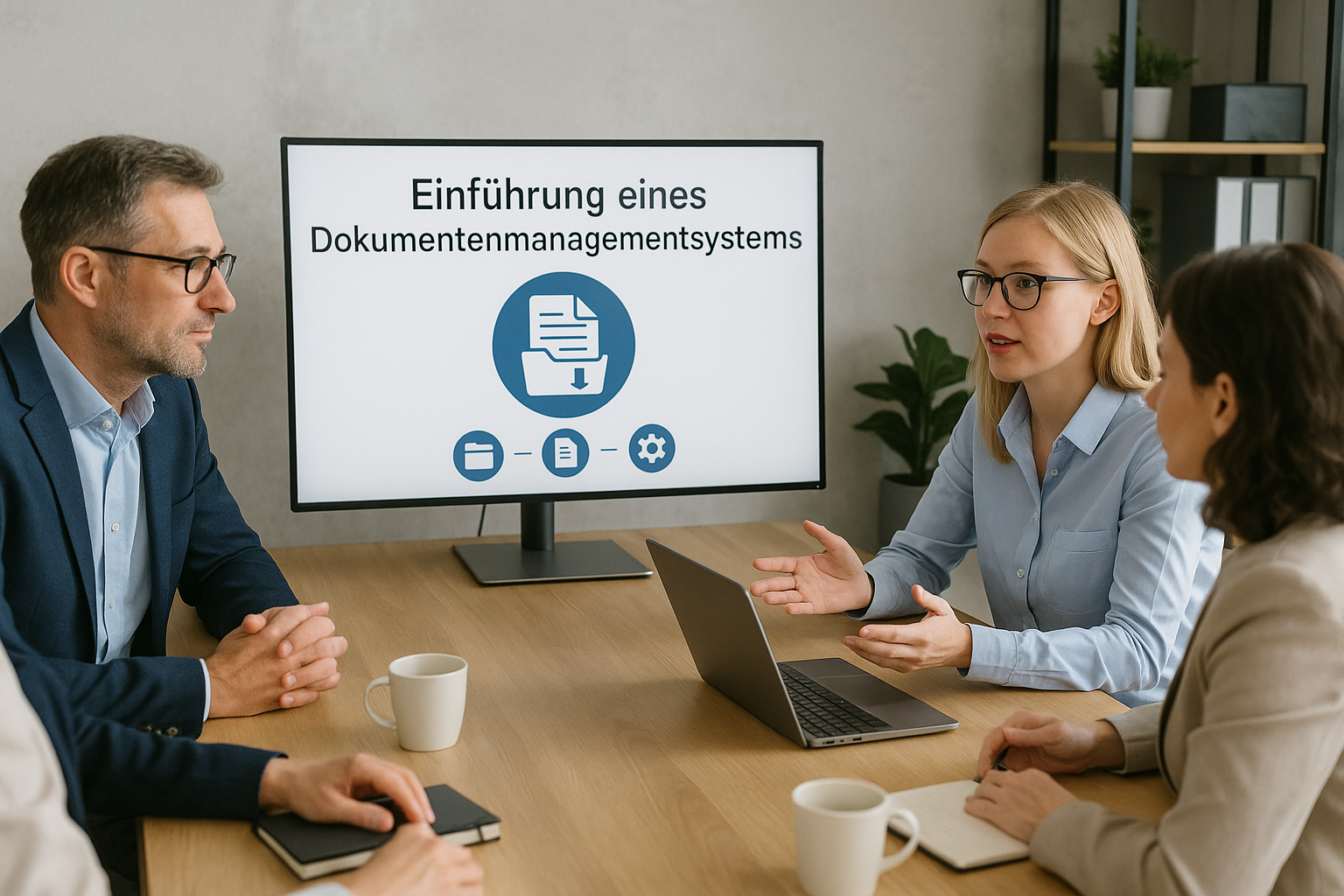 Team im Mittelstand bespricht die Einführung eines Dokumentenmanagementsystems am Bildschirm