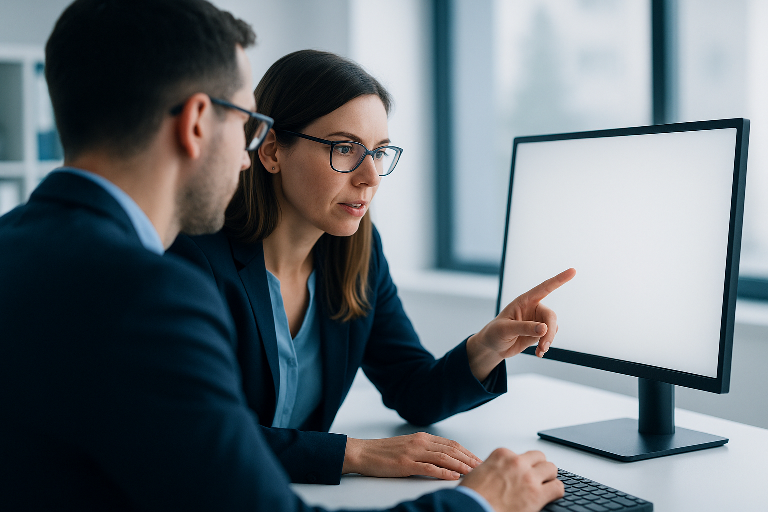 Team aus HR und Buchhaltung bespricht den digitalen Dokumentenprozess an einem Bildschirm
