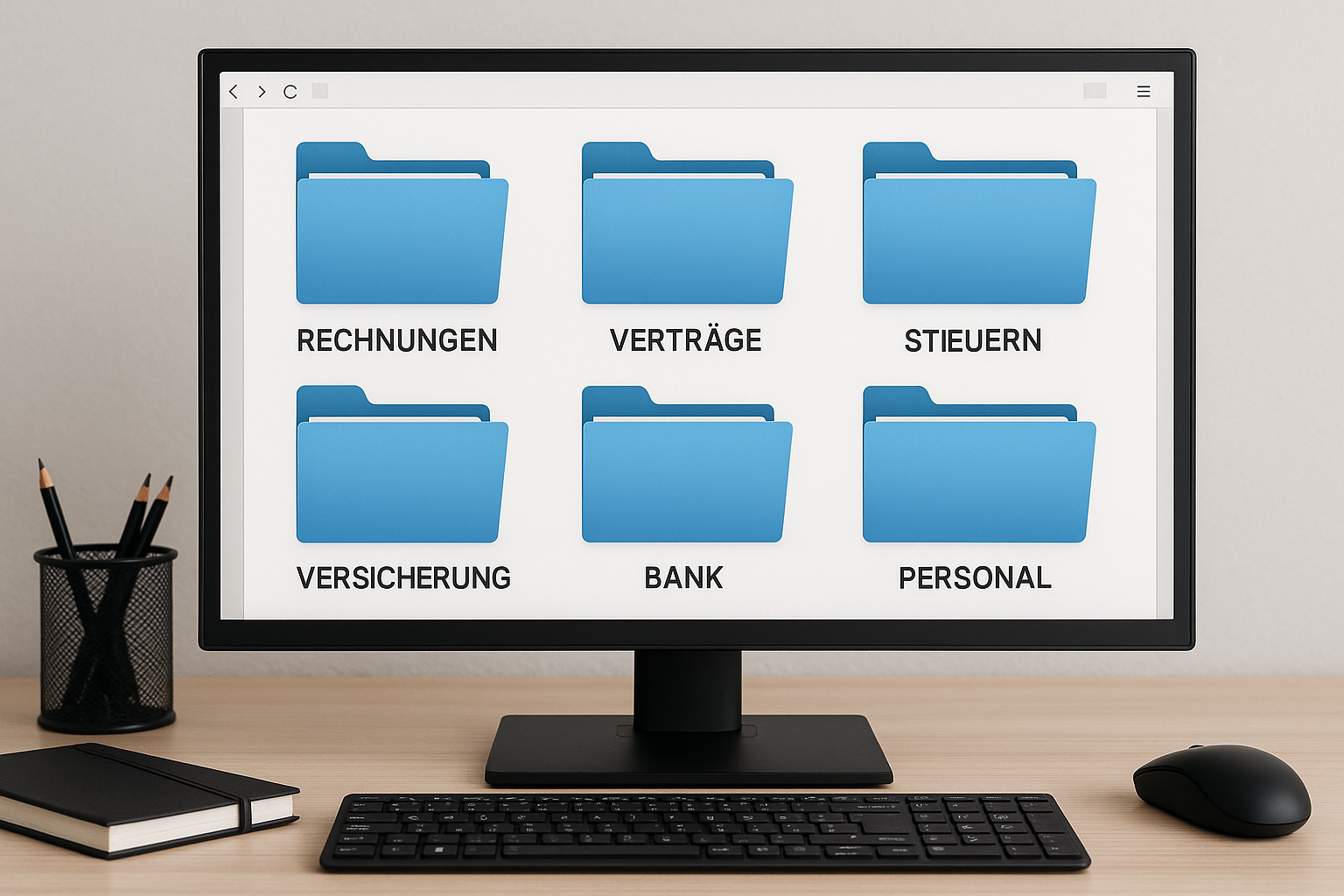 Digital archivierte Dokumente in einer strukturierten Ordnerübersicht am Arbeitsplatz