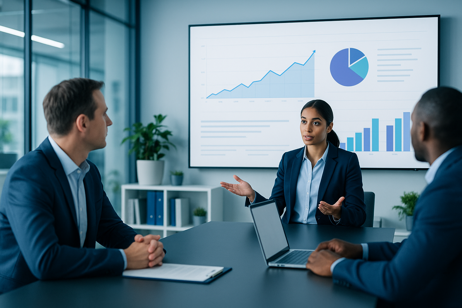 Team im Besprechungsraum diskutiert über eine projizierte Finanzübersicht