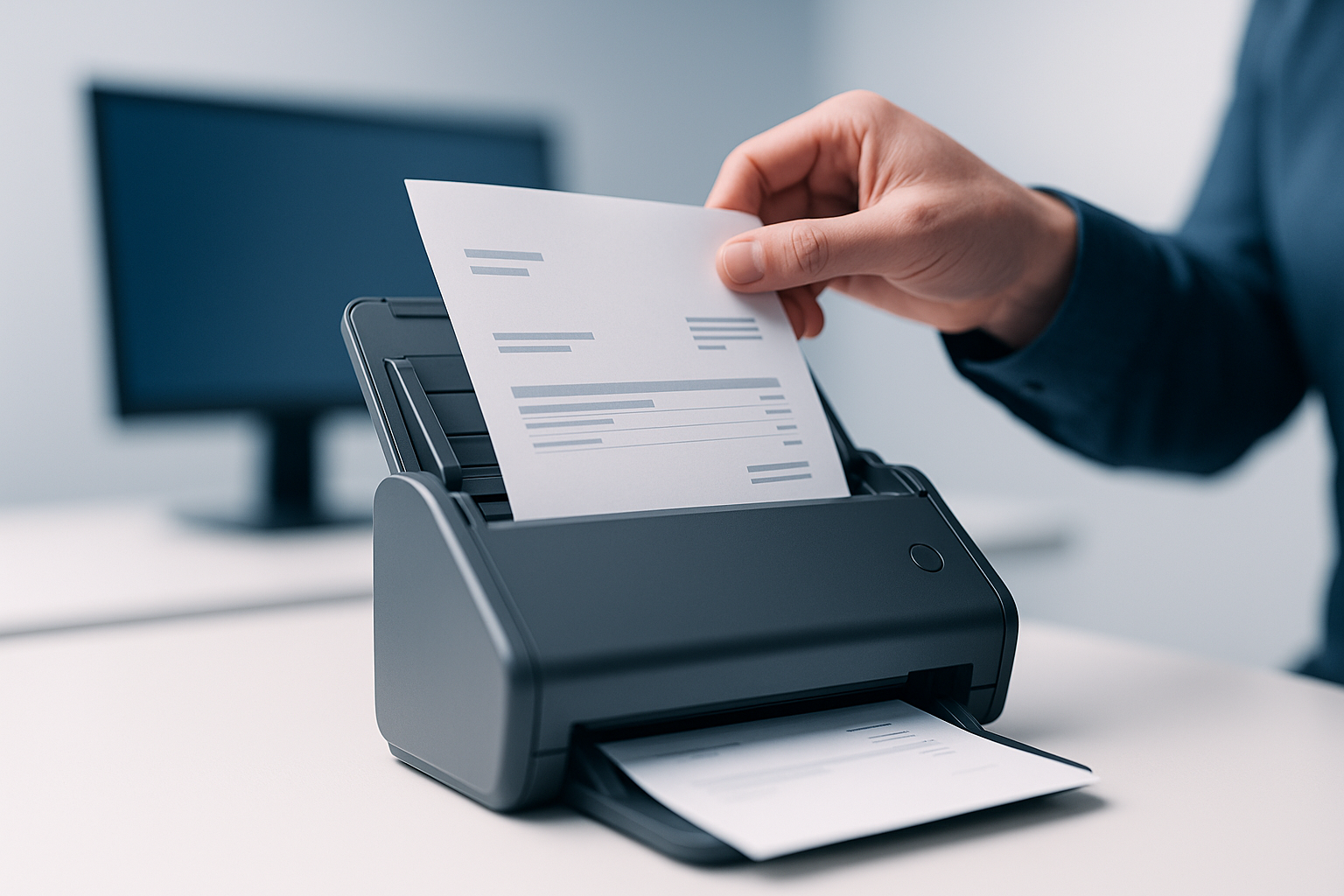 Person scannt eine Papierrechnung mit einem Dokumentenscanner