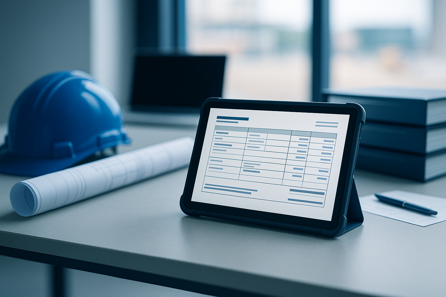 Baustellenbüro mit Tablet und digitalen Lohnunterlagen