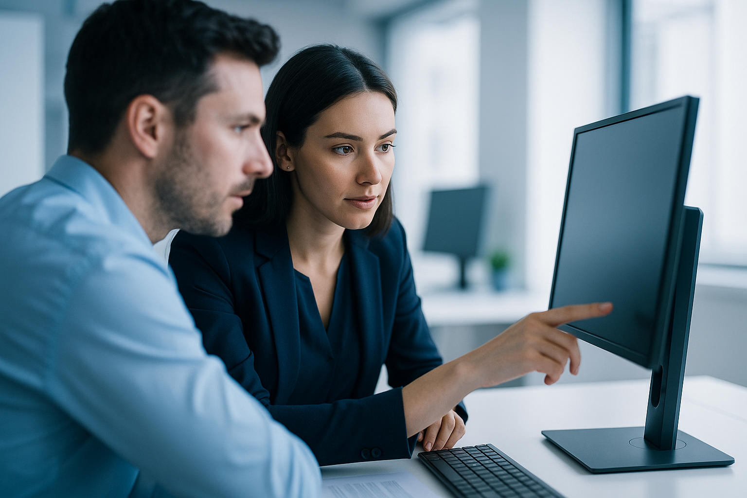 Team im Büro arbeitet gleichzeitig an digitalen Dokumenten am Bildschirm